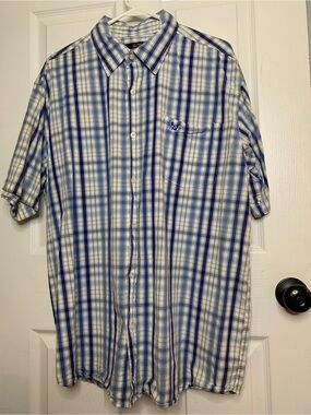 drunknmunky Y2K vintage Men's XL Blue/White Plaid Cotton Button-Up Shirt